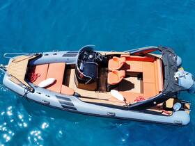 An aerial view of a stylish boat interior featuring comfortable seating and a well-equipped helm, perfect for a day on the water.