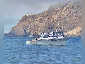 The fishing boat 'New Rayann' navigates the ocean waters near a rugged coastline, showcasing a perfect day for fishing adventures.