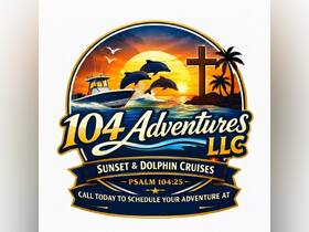 Logo for 104 Adventures LLC, featuring sunset and dolphin cruises, with contact information to schedule adventures.
