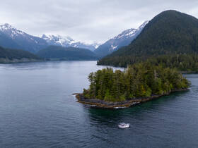 A stunning aerial view of a small boat near a lush island surrounded by majestic mountains, showcasing the breathtaking natural beauty of the Alaskan wilderness.