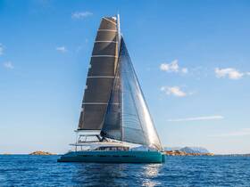 A stunning side view of a sleek catamaran sailing in clear waters, showcasing its impressive sails against a picturesque backdrop.