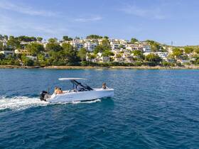 A sleek boat cruises along a picturesque coastline, showcasing the beauty of the surrounding landscape and the joy of a day on the water.