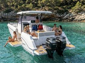 A lively group enjoys a sunny day on a boat, relaxing and swimming in crystal-clear waters — perfect for summer outings and social gatherings.
