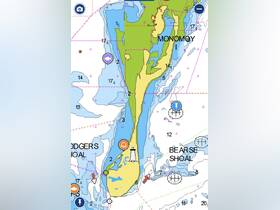 A navigational chart displaying coastal features and depths, useful for boating and navigation in the area.
