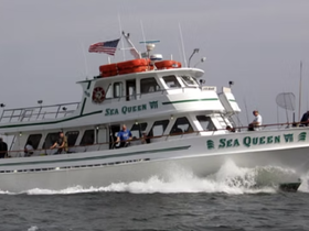The 'Sea Queen VII' cruises through the water with guests on board, perfect for fishing adventures and scenic outings.