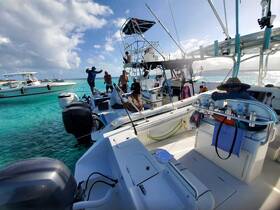 A lively group enjoys a fun day on the water, showcasing camaraderie and excitement aboard their boat in stunning turquoise waters.