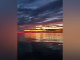 A breathtaking sunset paints the sky in vibrant hues over calm waters, creating a serene backdrop perfect for evening boat trips.