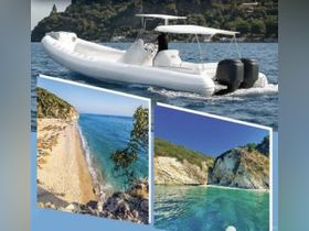 A sleek speedboat navigates through clear waters, showcasing the beauty of the coastline and inviting adventure on the open sea.