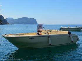 A sleek speedboat anchored in calm waters, showcasing its elegant design against a stunning coastal backdrop — perfect for leisurely outings or water adventures.