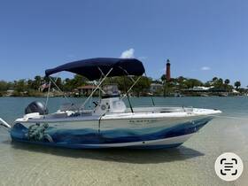 A vibrant speedboat with a turtle design is docked in shallow waters, showcasing a picturesque coastal scene with a lighthouse in the background.