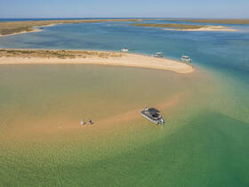 A picturesque sandbar stop with guests enjoying the shallow waters, perfect for a day of relaxation and fun on a pontoon boat.