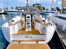 A detailed view of the helm area inside the yacht 'MIA', showcasing its elegant wooden deck and modern controls, perfect for navigating the open waters.