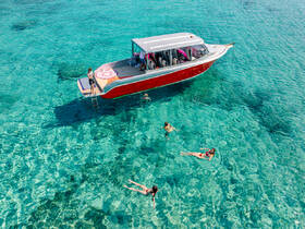 A lively group enjoys a refreshing swim in crystal-clear waters beside a stylish boat, capturing the essence of a perfect day on the water.