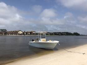 A sleek speedboat anchored on a sandy shore, showcasing a tranquil waterfront scene with residential buildings in the background.