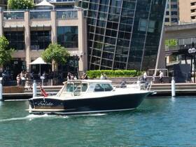 A sleek speedboat named 'Salute' glides through the water near a bustling waterfront, showcasing a vibrant scene of people enjoying the day.