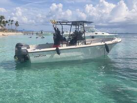 A lively scene featuring a boat anchored near a beach, with people enjoying the clear waters — perfect for a day of fun and relaxation on the water.