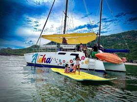 A joyful family enjoys a fun day on the water with a catamaran, featuring kids paddleboarding and swimming, creating unforgettable memories under the sun.