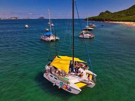 A lively group enjoys a day on a colorful catamaran, surrounded by clear waters and a beautiful beach backdrop — perfect for fun-filled adventures on the water.
