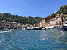 A scenic view of a vibrant harbor in Portofino, Italy, featuring boats and a picturesque coastline, perfect for exploring the beauty of the Italian Riviera.