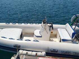 Interior view of a well-equipped inflatable boat featuring comfortable seating and a helm, ideal for day trips on the water.