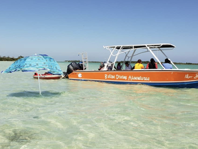 A group enjoys a day on the water aboard a Belize Diving Adventures boat, perfect for exploring the beautiful turquoise waters and marine life.