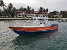 A vibrant speedboat named 'Miss B' is docked, showcasing its sleek design against a backdrop of palm trees and waterfront properties — perfect for exploring the beautiful waters of Belize.