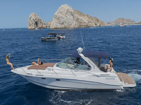 A lively group enjoys a sunny day aboard a yacht in Cabo San Lucas, capturing fun moments while relaxing on the deck — perfect for summer adventures on the water.