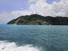 A stunning view of a lush coastline and island, showcasing the vibrant turquoise waters — perfect for exploring the natural beauty of the region.