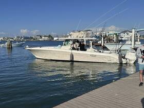 A group of people aboard a fishing boat at the dock, ready for a day on the water. The vibrant setting highlights the excitement of boating adventures.