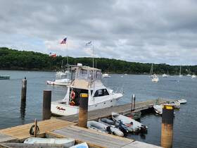 A scenic view of a yacht docked at a marina, surrounded by other boats and lush greenery, perfect for a relaxing day on the water.