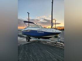 A stunning Sea Ray boat named 'SeaWeed' docked at sunset, showcasing its sleek design and vibrant colors against a picturesque sky.