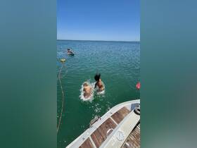 Two friends joyfully splash into the clear waters from a boat, capturing the essence of summer fun and adventure on the water.