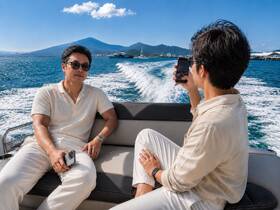 Two friends relax on a boat, enjoying the scenic views and capturing moments on their phones — a perfect day out on the water.