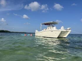 A group enjoys a fun day on the water, paddleboarding and swimming near a boat, showcasing the perfect summer adventure.