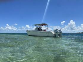 A sleek World Cat speedboat anchored in clear turquoise waters, showcasing its elegant design against a backdrop of blue skies and fluffy clouds.