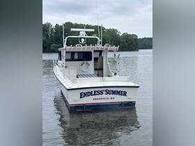A striking view of the 'Endless Summer' boat, showcasing its sleek design and name, perfectly positioned on calm waters in Annapolis, MD.