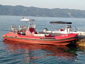 A vibrant red speedboat docked at a serene waterfront, surrounded by picturesque mountains — perfect for water adventures.
