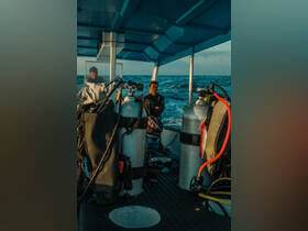 Divers prepare for an underwater adventure aboard a boat, showcasing scuba gear and the excitement of diving into the ocean.