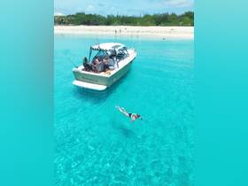 A swimmer enjoys snorkeling in the crystal-clear turquoise waters near a boat, with a beautiful beach in the background — a perfect scene for water adventures.