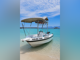 A sleek boat named 'Feeling Good' rests on the sandy shore, surrounded by crystal-clear turquoise waters, perfect for a day of adventure on the sea.