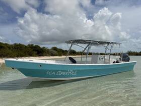 A vibrant boat named 'Sea Lifestyle' rests in shallow waters, showcasing its sleek design against a backdrop of lush greenery and cloudy skies.