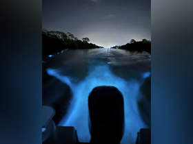 A captivating night view of a boat's wake illuminated by blue lights, showcasing the serene beauty of nighttime boating through calm waters.