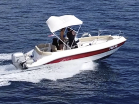 A speedboat glides through the clear blue waters, showcasing an exciting day on the water with friends or family.