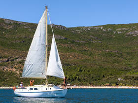 A group of friends enjoys a sunny day sailing on a beautiful yacht, with a scenic beach in the background — perfect for summer adventures on the water.