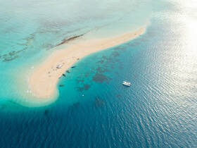 A stunning aerial view of a picturesque sandbar surrounded by crystal-clear waters, showcasing the beauty of tropical destinations perfect for island hopping and beach adventures.