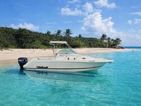 A Wellcraft speedboat anchored in crystal-clear turquoise waters, surrounded by a serene beach backdrop — perfect for a day of relaxation on the water.