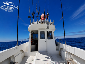 Inside view of the helm area on a fishing boat, showcasing the console and seating — perfect for fishing tours on the open sea.