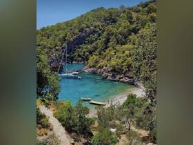 A picturesque view of boats anchored in a serene cove, surrounded by lush greenery and a sandy beach, perfect for a relaxing day on the water.