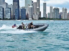 A speedboat races through the waters with a stunning city skyline in the background, showcasing an exciting on-water adventure.