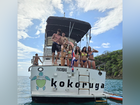 A lively group of friends poses on the deck of the Kokoruga boat, enjoying a fun day on the water in Puntarenas, Costa Rica. Perfect for summer adventures and group celebrations.